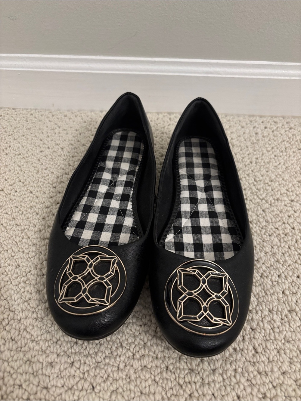 Kelly & Katie Black Ballet Flats with Gold Medallion